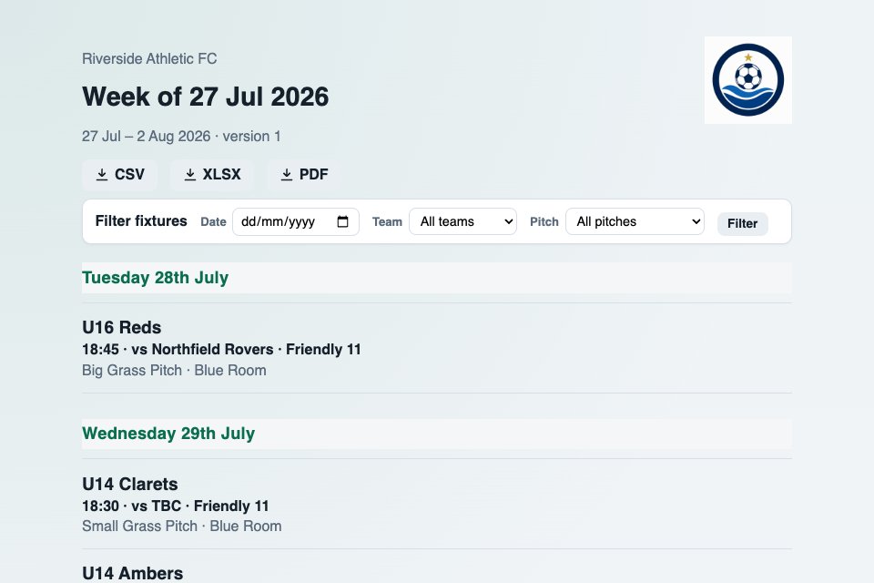 Example public weekly fixture schedule showing kick-off times, teams, opponents, pitches and rooms